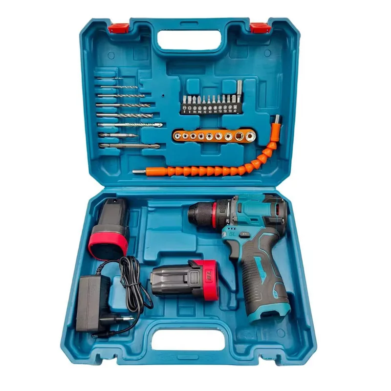 18 V brushless cordless hammer drill in its blow-moulded case with batteries, charger and bit set