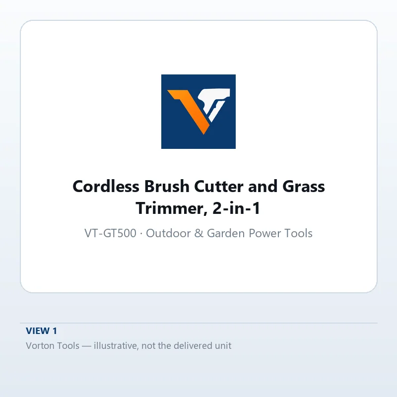 Vorton Tools cordless brush cutter with three-tooth blade fitted, full view