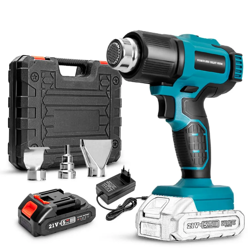 Cordless heat gun shown in its carry case with its accessories