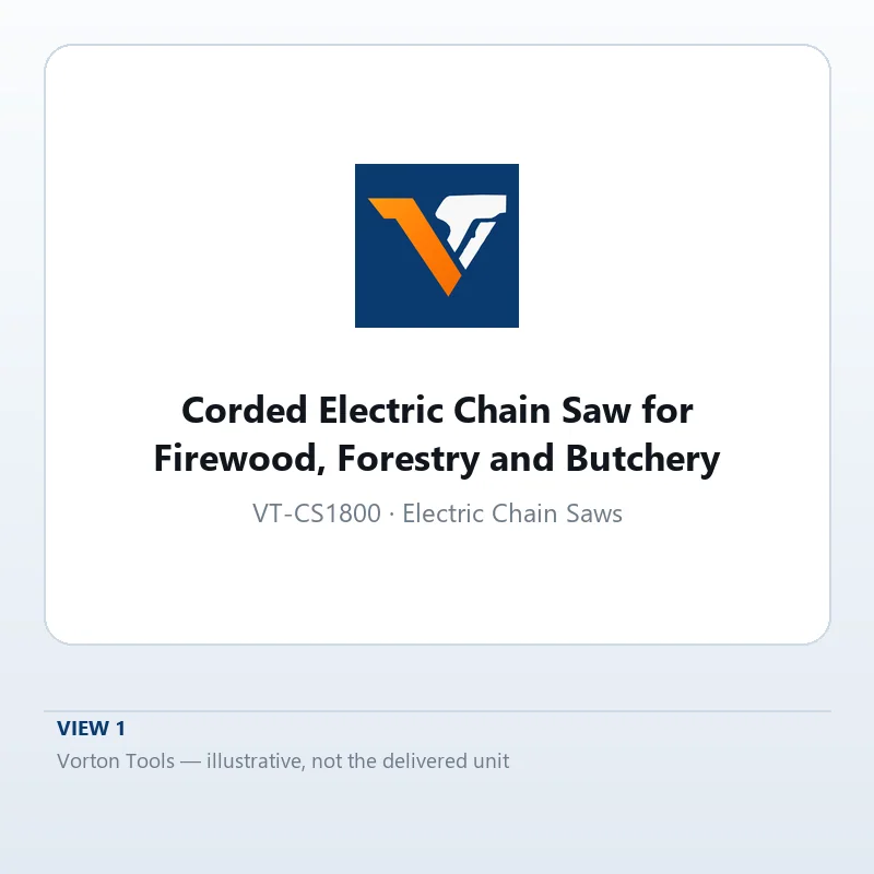Corded electric chain saw with bar and chain guard, side view