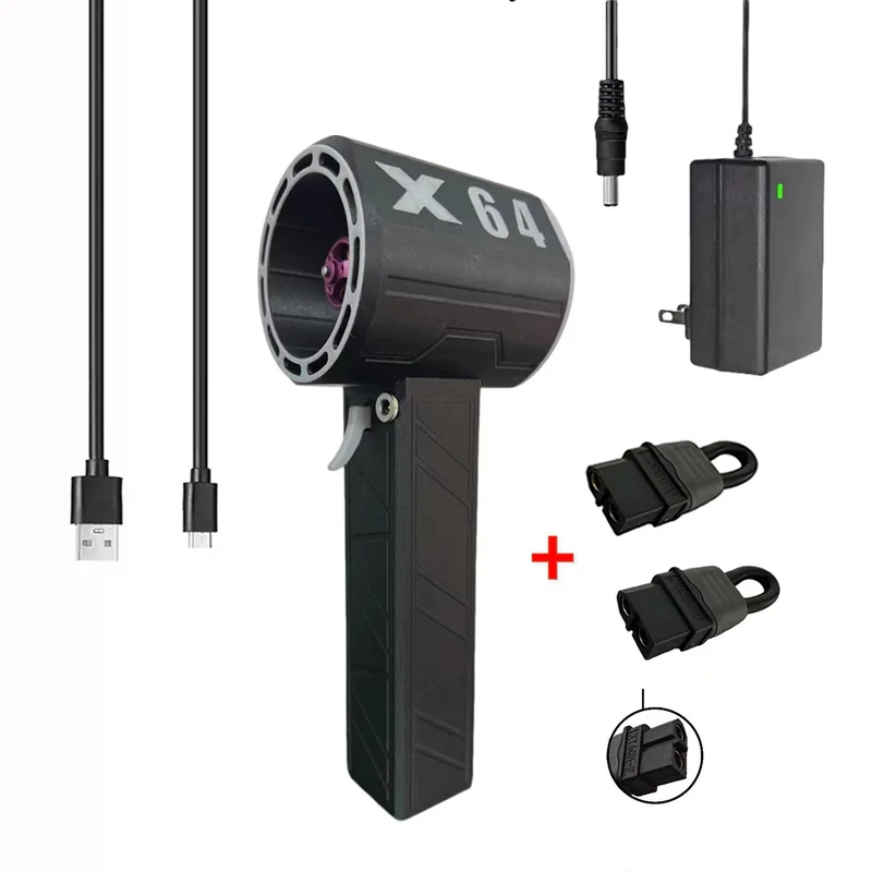 Handheld turbine fan with its USB-C charging cable and nozzle attachments