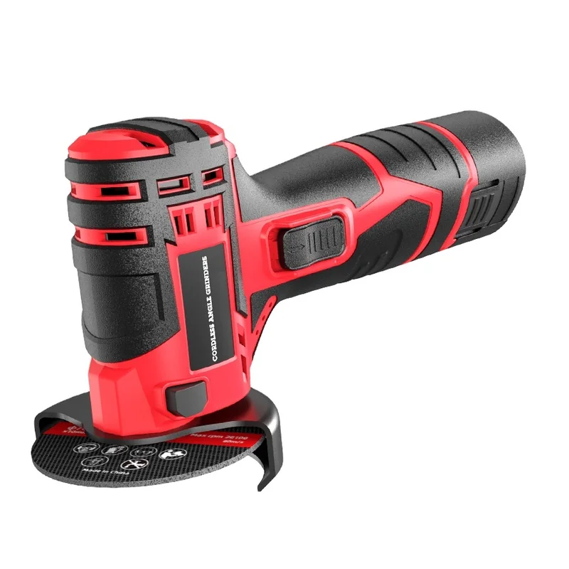 Mini cordless angle grinder with the disc guard fitted, side view