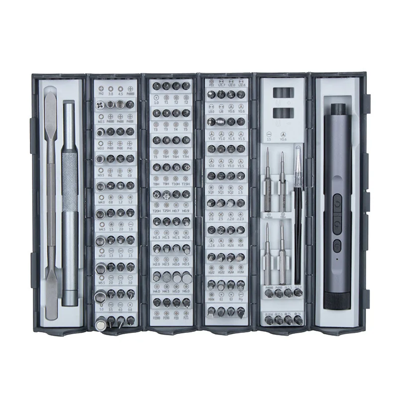 Precision electric screwdriver set with the bit set laid out in an open case