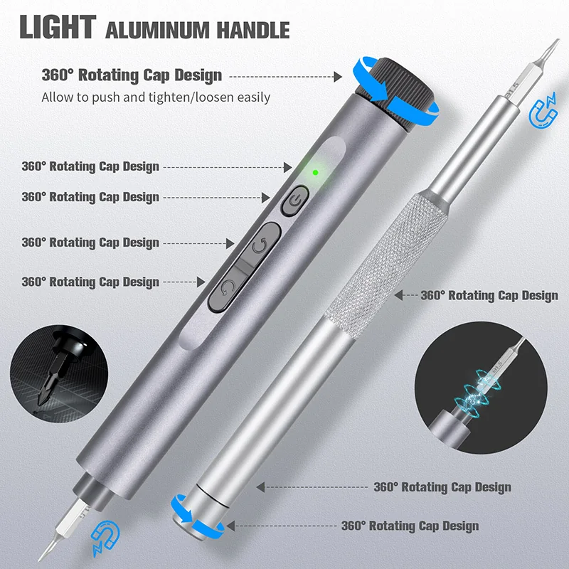 The precision screwdriver in exploded view showing its aluminium handle and rotating end cap