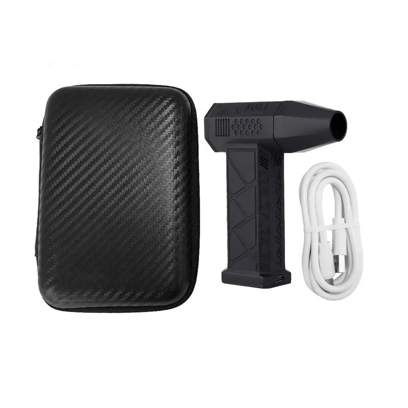 Mini turbine air blower with its carry case and USB-C charging cable